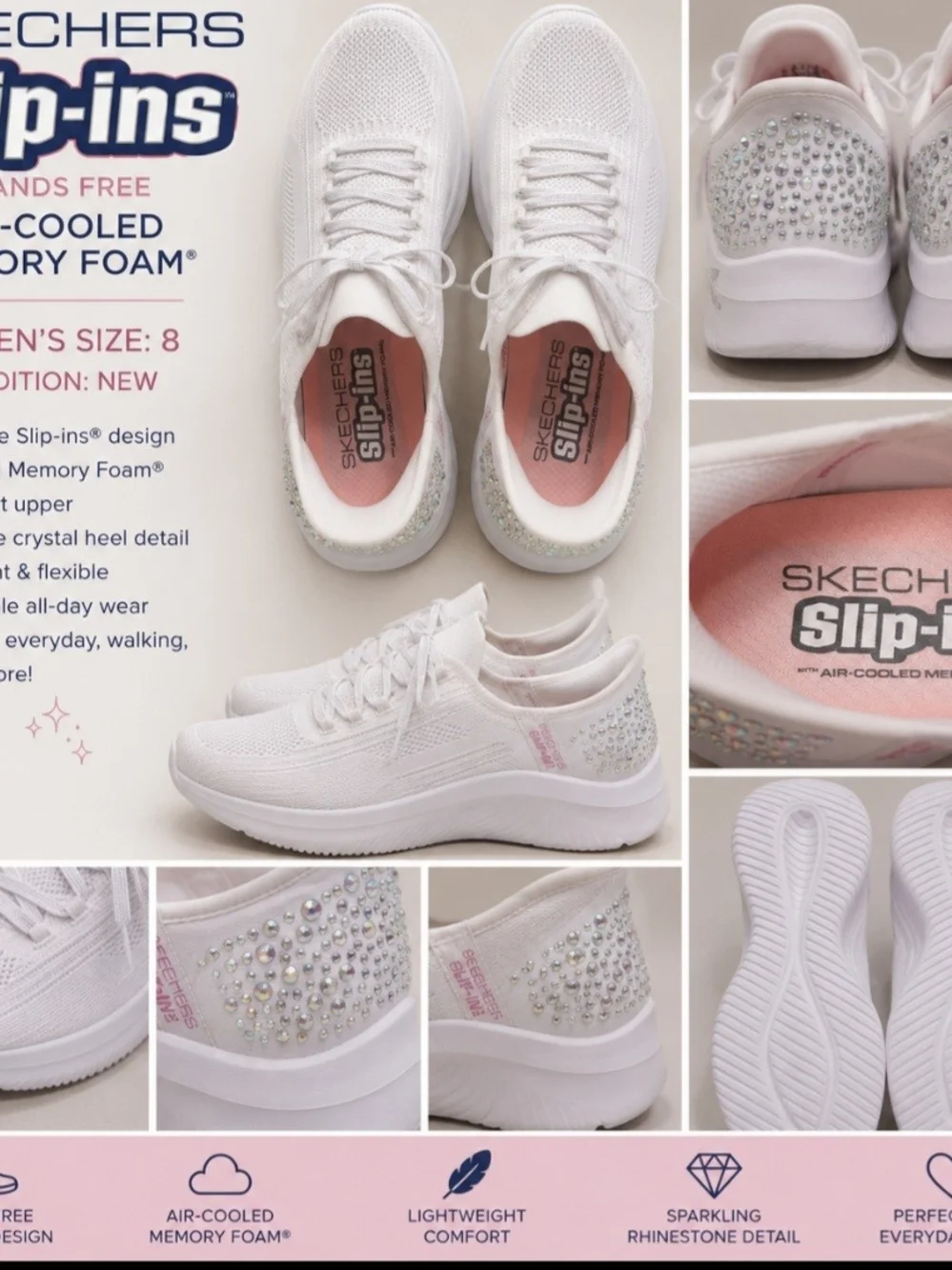 Skechers Women's White Slip-Ins Memory Foam Sneakers with Sparkling Rhinestones